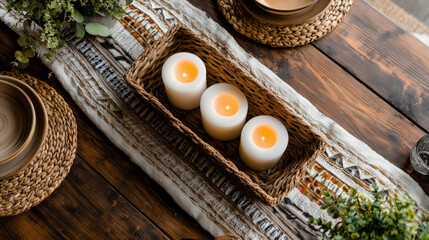 A table with a basket of candles on it