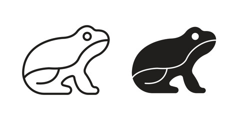 Frog icons. Solid black silhouette and line art outline. Minimal design element,