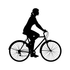 Obraz premium Silhouette of a woman riding a bicycle in profile against a white background, depicting leisure and transport.