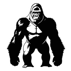 Powerful black and white illustration of a strong gorilla standing upright, showcasing its muscular physique.