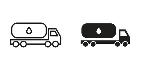 Fuel truck icons. Solid black silhouette and line art outline. Minimal design element,