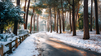 A snowy forest path with a fence on the side