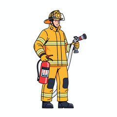 Obraz premium A firefighter in yellow gear, helmet, holding hose and extinguisher