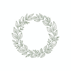 Green leaves form a circular wreath on a white background, minimal and elegant