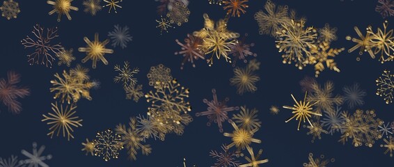 Artistic illustration of golden snowflakes with a dark blue background suitable for winter themes and Christma