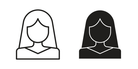 Girl icons. Solid black silhouette and line art outline. Minimal design element,