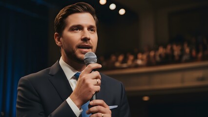 Male Speaker Performing at Public Event with Microphone.