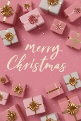 merry christmas pink and gold gift boxes with falling snow
