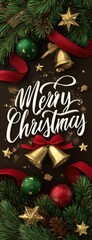 Merry Christmas greeting card with golden bells and festive decorations