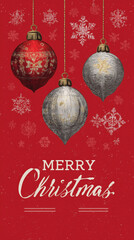 Merry Christmas red greeting card with hanging ornaments and snowflakes