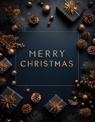 Luxury Merry Christmas Greeting Card on Dark Blue Background with Golden Decorations