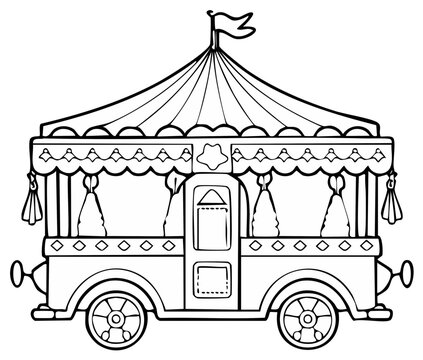 Cartoon drawing of an old-fashioned circus wagon with a flag on top.