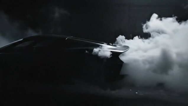 Futuristic sports car silhouette undergoing aerodynamic testing in a wind tunnel with white smoke trails flowing over the sleek bodywork
