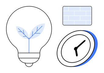 Energy efficiency, sustainability, time management, eco-innovation, renewable energy, design. Light bulb with leaf, clock and brick wall. s energy efficiency and sustainability