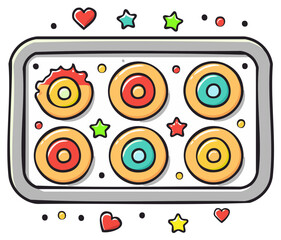 Obraz premium Cute doodle illustration of a baking tray with colorful iced cookies and festive stars and hearts.