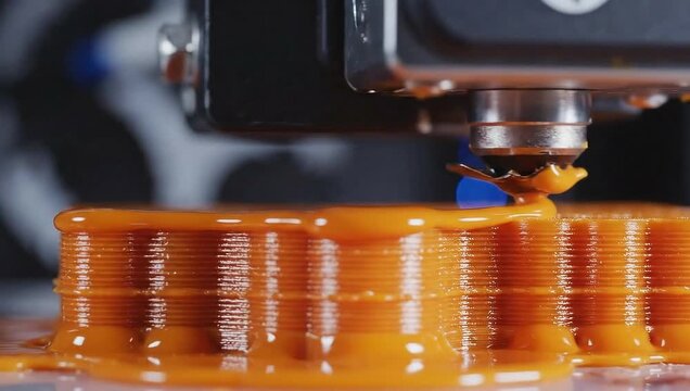 Close-up of 3D printer nozzle extruding orange filament during additive manufacturing process