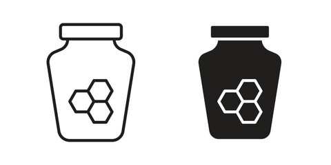 Honey jar icons. Solid black silhouette and line art outline. Minimal design element,