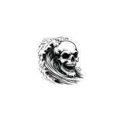 Vintage black and white illustration of a human skull merging with a powerful ocean wave, hand drawn style vector
