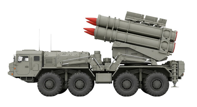 Military surface to air missile launcher system mounted on a heavy duty transport vehicle on black