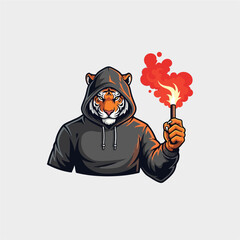 Fierce Tiger Mascot in Hoodie Holding Red Signal Flare
