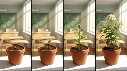 Growing Plant in Small Pot on Windowsill.