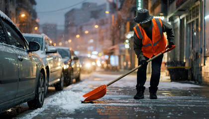 Street cleaner in orange vest sweeps snow from sidewalk at night.