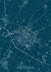 Map of Modena, Italy, rendered in a monochromatic color scheme. The map features a dark teal background with light teal lines depicting the city's streets, roads, and geographical features.