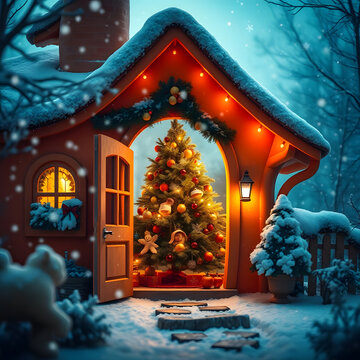 AI Orange Christmas House. A FAIRYTALE ORANGE HOUSE WITH AN OPEN DOOR, INSIDE A FESTIVE CHRISTMAS TREE DECORATED WITH FRUITS, TOYS, AND LIGHTS, BRIGHT DAYLIGHT ENHANCING COZY ATMOSPHERE, SNOWFLAKES FA