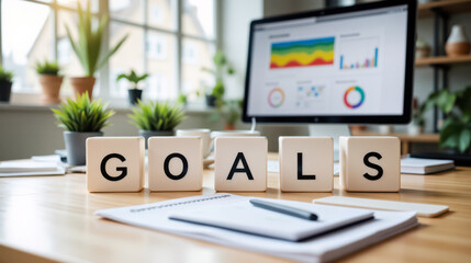 Fototapeta premium Strategy goal achievement plan regarding business objective success and performance target for management priority execution with future vision roadmap implementation and commercial KPI growth