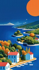 Tropical islands sailboats illustration