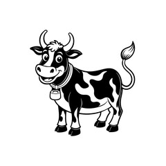 Black and white cartoon cow illustration with a happy expression and a bell around its neck, standing on a white background.