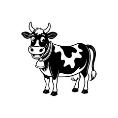 A happy black and white cartoon cow with horns and a bell around its neck, standing and smiling.