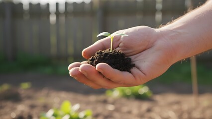 Hand Holding Soil in Garden for Planting.