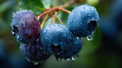 Fresh blueberries with water droplets on a branch in the garden during early morning light