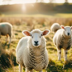 Obraz premium Sheep Grazing in a Green Field at Sunset with Fluffy White Wool