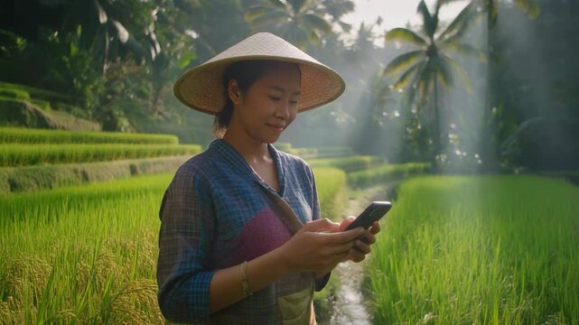 Asian Woman Farmer Wearing Conical Hat Using Smartphone in Rice Terrace at Sunrise with Cinematic Lighting