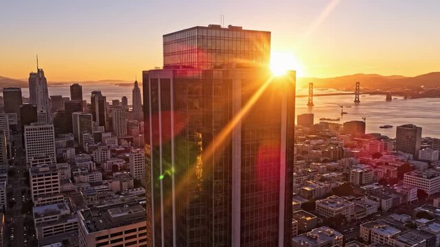 The modern skyscraper towers above the city, reflecting the stunning colors of the sunset. This skyscraper and sunset form a captivating urban skyline that defines the city&rsquo;s chara