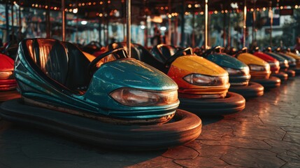 Colorful bumper cars lined up at an amusement park waiting for visitors to enjoy a fun-filled day of excitement and laughter during a sunny afternoon