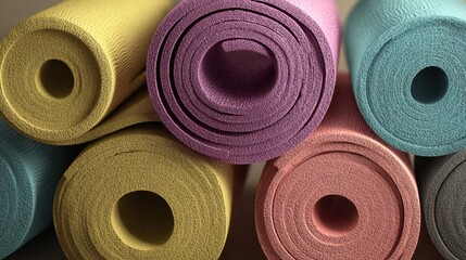 Close up view of stacked pastel colored yoga mats