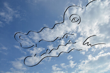 A whimsical, stylized black line drawing of an alligator's head is superimposed over a bright blue sky filled with scattered white clouds, creating a playful, conceptual image