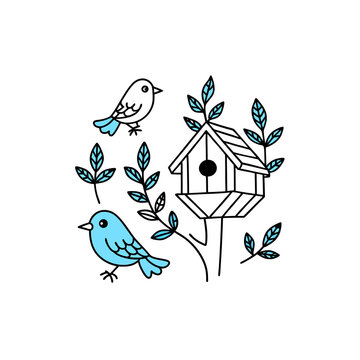 Two cute blue birds with a birdhouse and leaves, simple line art illustration.