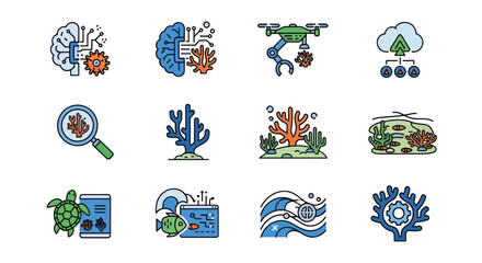Colorful Vector Icons Representing Technology, Nature, and Science Concepts.