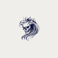 Vintage black and white illustration of a human skull merging with a powerful ocean wave, hand drawn style vector