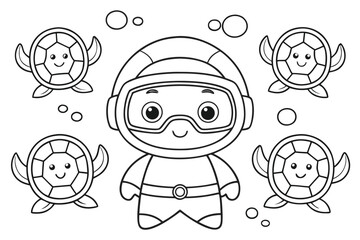 Fototapeta premium Cute Scuba Diver Kid Underwater Adventure Black and White Outline for Kids Coloring Page