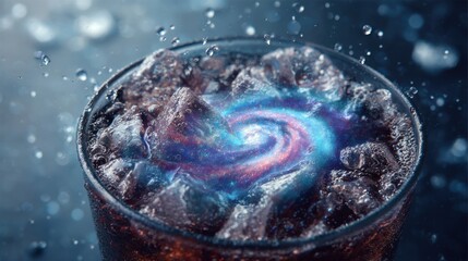 A glass filled with dark soda is on a table with ice and a galaxy effect forming in the drink at a science-themed bar during the evening