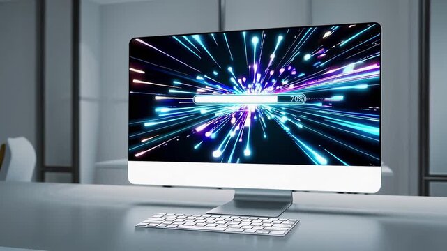 widescreen computer monitor displaying a glowing digital progress bar that slowly fills from 0% to 100%.