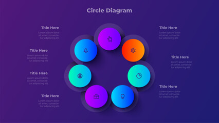 Seven Step Circle Diagram. 7 Step Gradient Infographic Template for Presentation, Business Workflow, Strategy Mapping and Data Visualization
