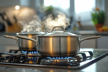 Cooking with two stainless steel pots on the stove Generative AI