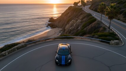 Scenic Coastal Road with Car at Sunset.