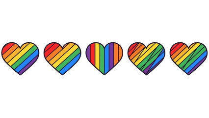 Set of Five Rainbow Pride Hearts with Diagonal and Vertical Stripes